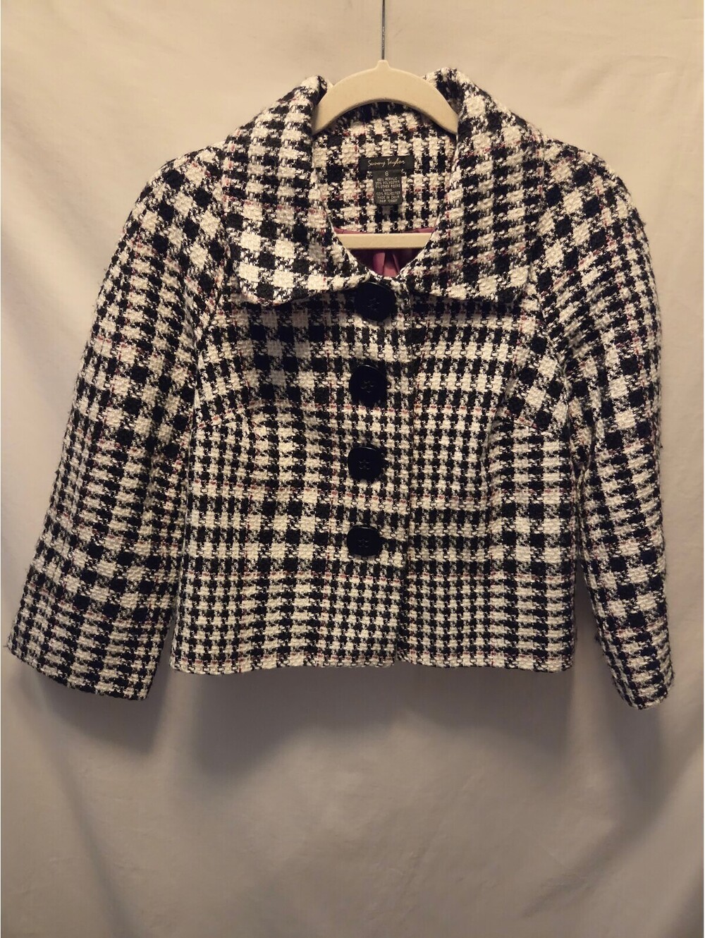 Vintage Sunny Taylor Women's Black and White Houndstooth Tweed Jacket Size 8